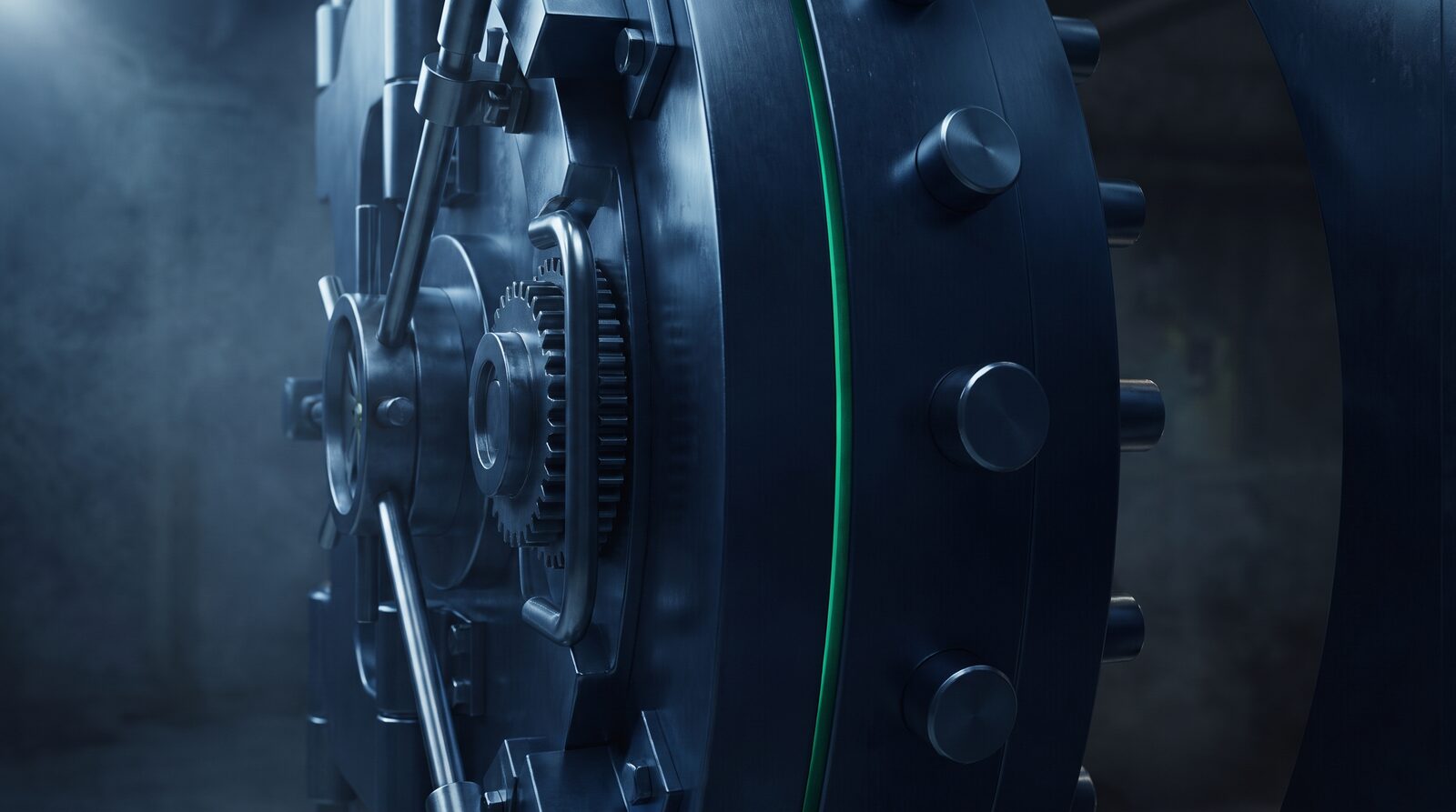 Macro view of a precision vault locking mechanism with a thin emerald light seam